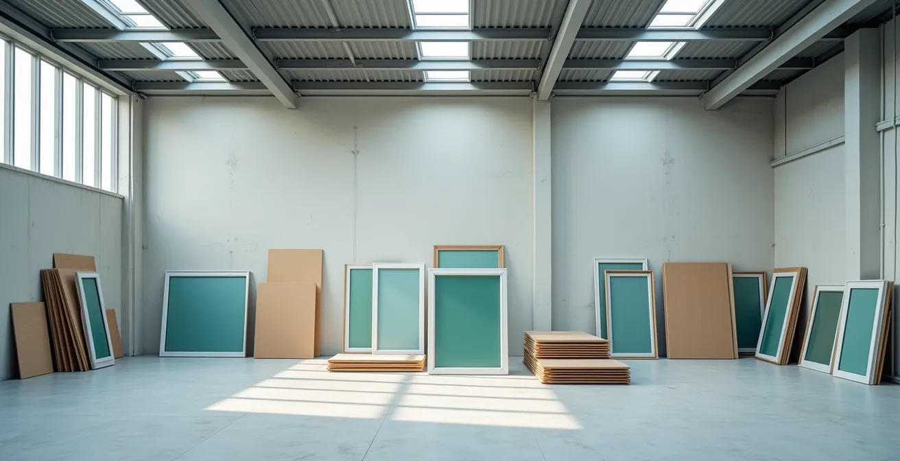 Vue d'ensemble d'un chantier de rénovation avec outils et matériaux organisés