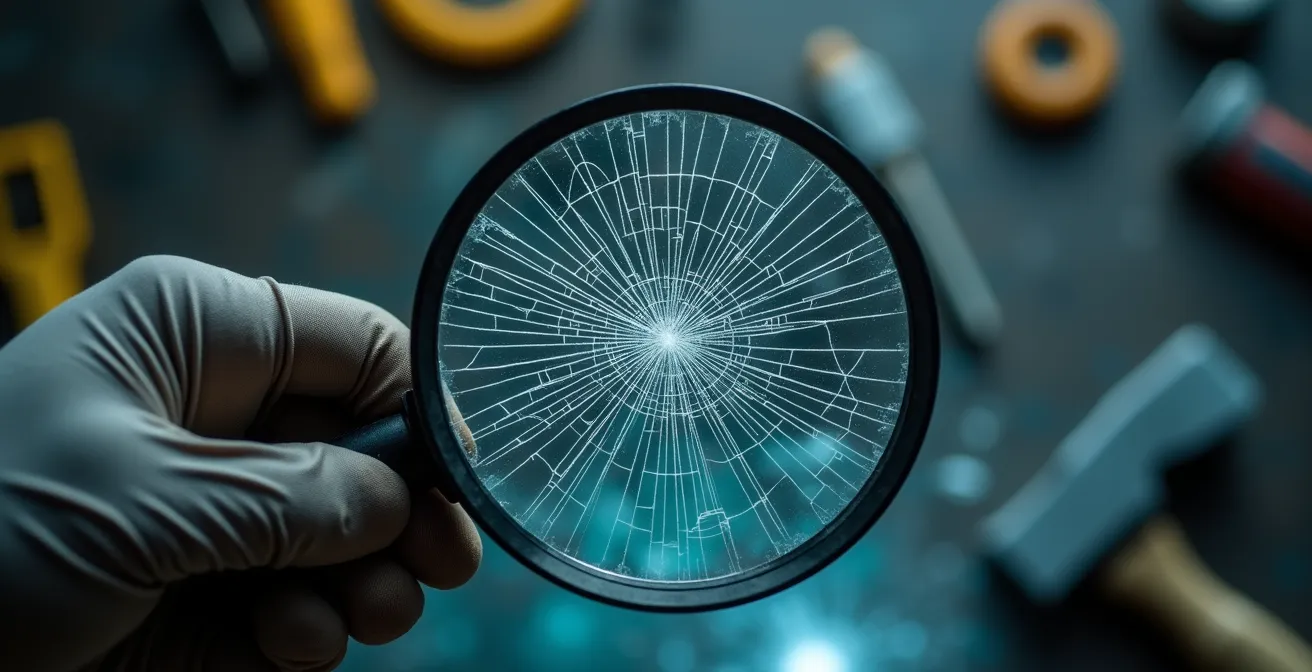 Main d'expert examinant une vitre fissurée avec loupe professionnelle