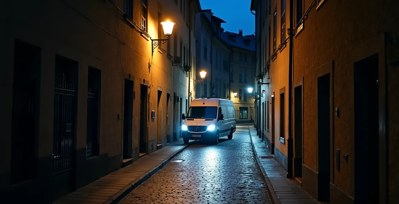 Ruelle pavée de la vieille ville de Genève éclairée la nuit