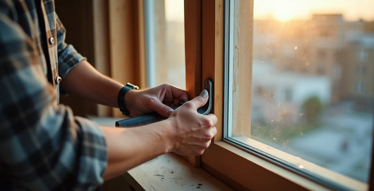 Mains d'artisan installant une fenêtre moderne avec précision