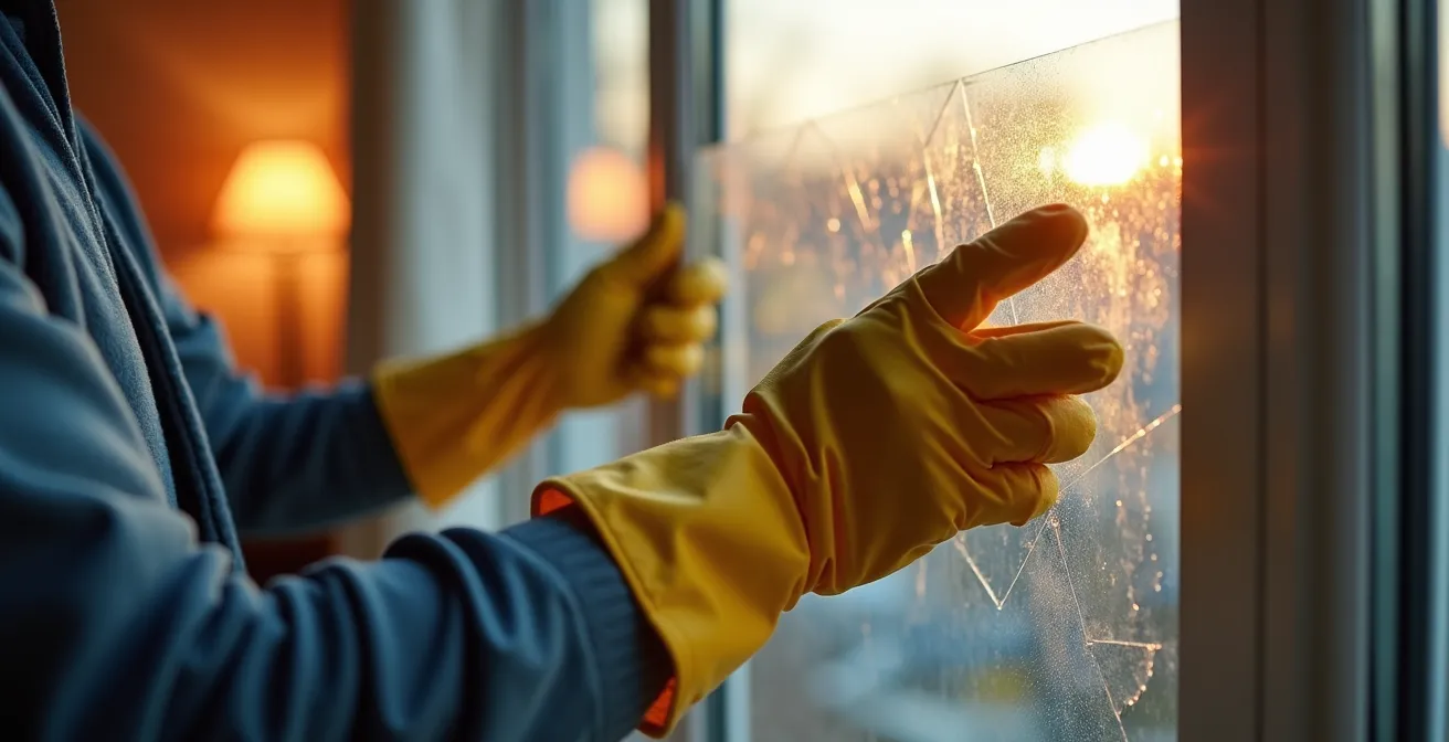Mains protégées installant un film polyane sur fenêtre endommagée