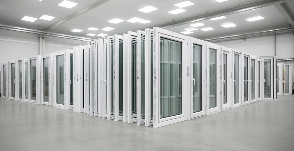 Rangée de fenêtres PVC blanches de différentes dimensions exposées dans un entrepôt