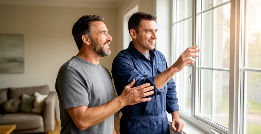 Propriétaire et technicien discutant devant une fenêtre PVC récemment installée