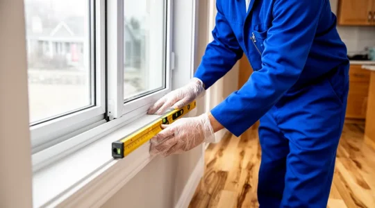Technicien installant une fenêtre PVC blanche dans une maison résidentielle