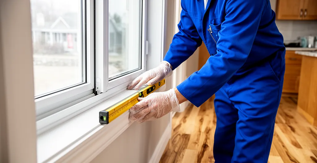 Technicien installant une fenêtre PVC blanche dans une maison résidentielle