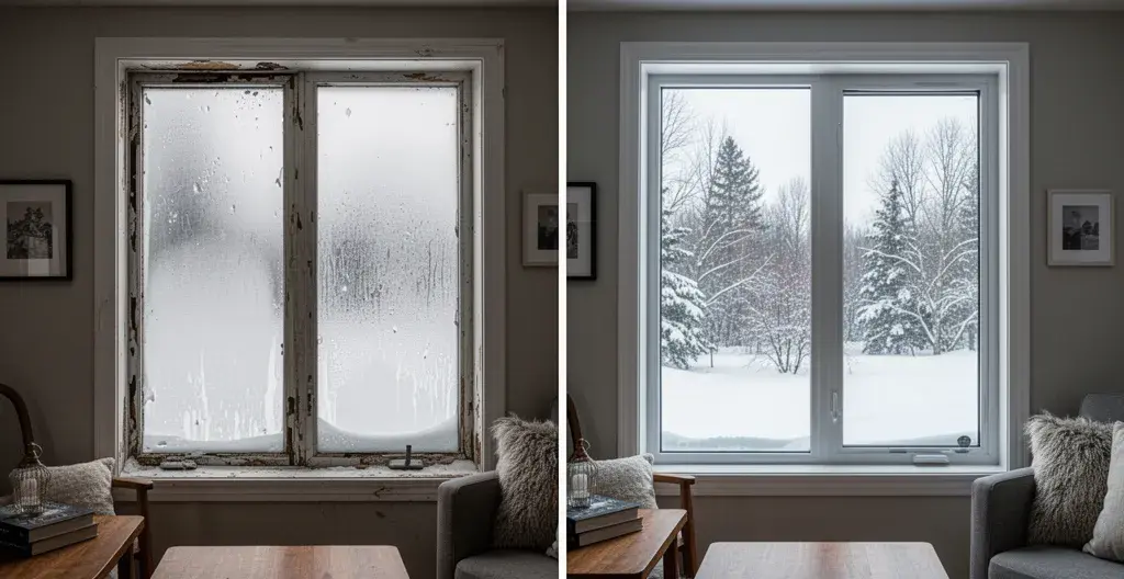 Comparaison entre une vieille fenêtre givrée et une fenêtre moderne sans condensation