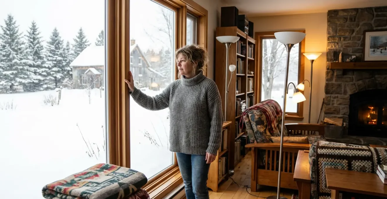 Propriétaire québécois observant sa fenêtre moderne avec paysage enneigé visible