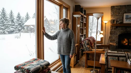 Propriétaire québécois observant sa fenêtre moderne avec paysage enneigé visible