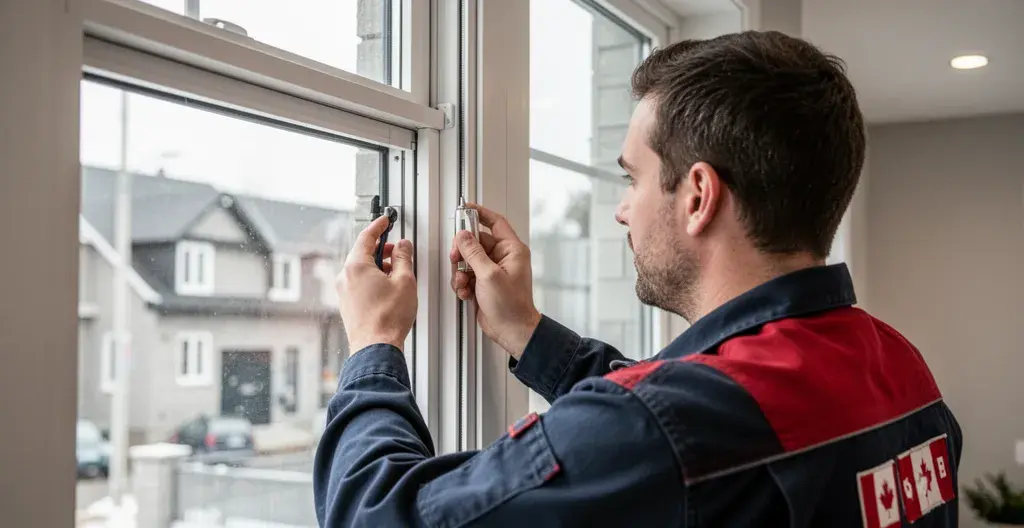 Technicien vérifiant l'étanchéité d'une fenêtre moderne lors d'une inspection